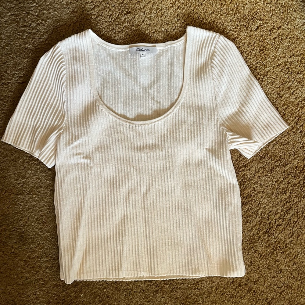 Madewell Ribbed Scoop Neck Short Sleeve Crop Top - Cream